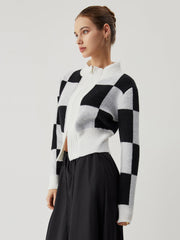 Knit Colorblock Checkered Zippered Cardigan