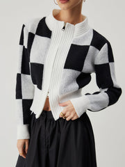 Knit Colorblock Checkered Zippered Cardigan