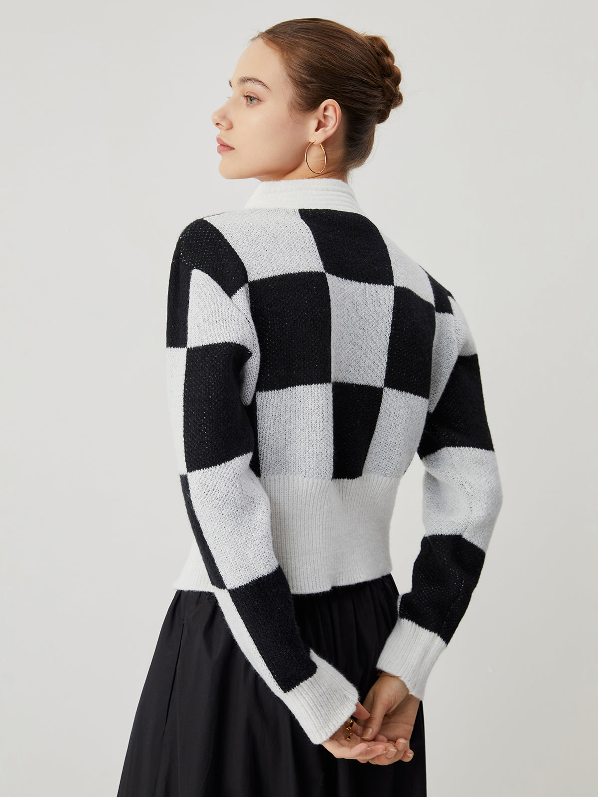 Knit Colorblock Checkered Zippered Cardigan