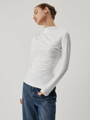 Solid Long Sleeve Mock Neck Ruched Top