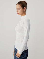 Solid Long Sleeve Mock Neck Ruched Top