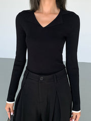 Slinky V-neck Collar Ribbed Knit Top