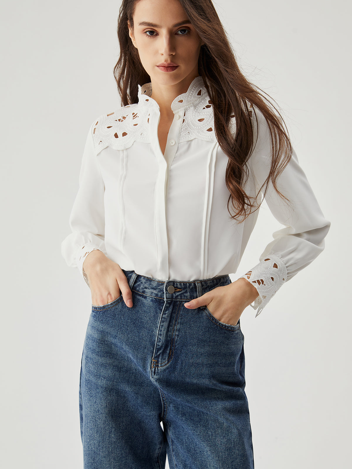 Floral Trim Cut Out Long Sleeve Shirt