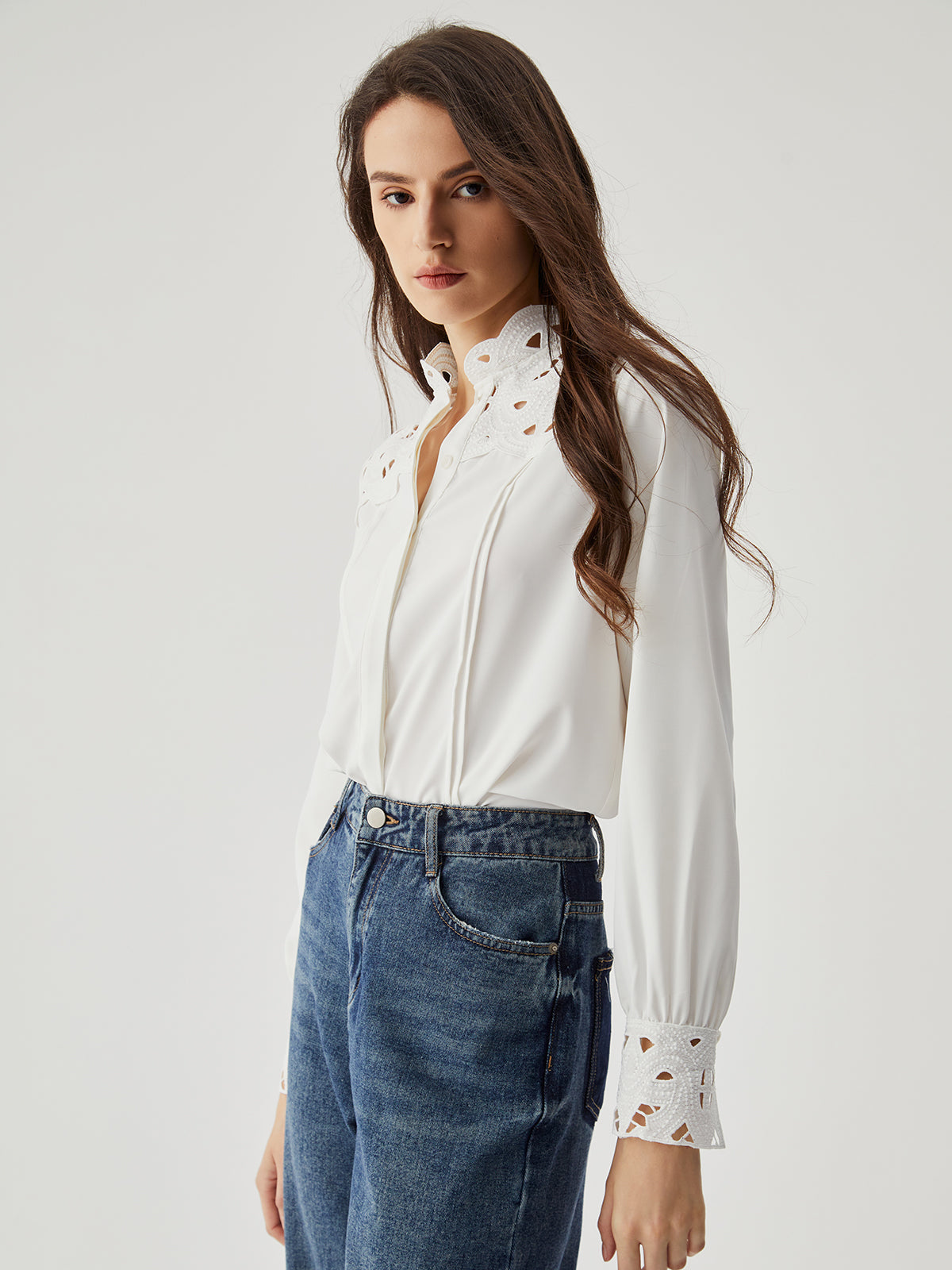 Floral Trim Cut Out Long Sleeve Shirt