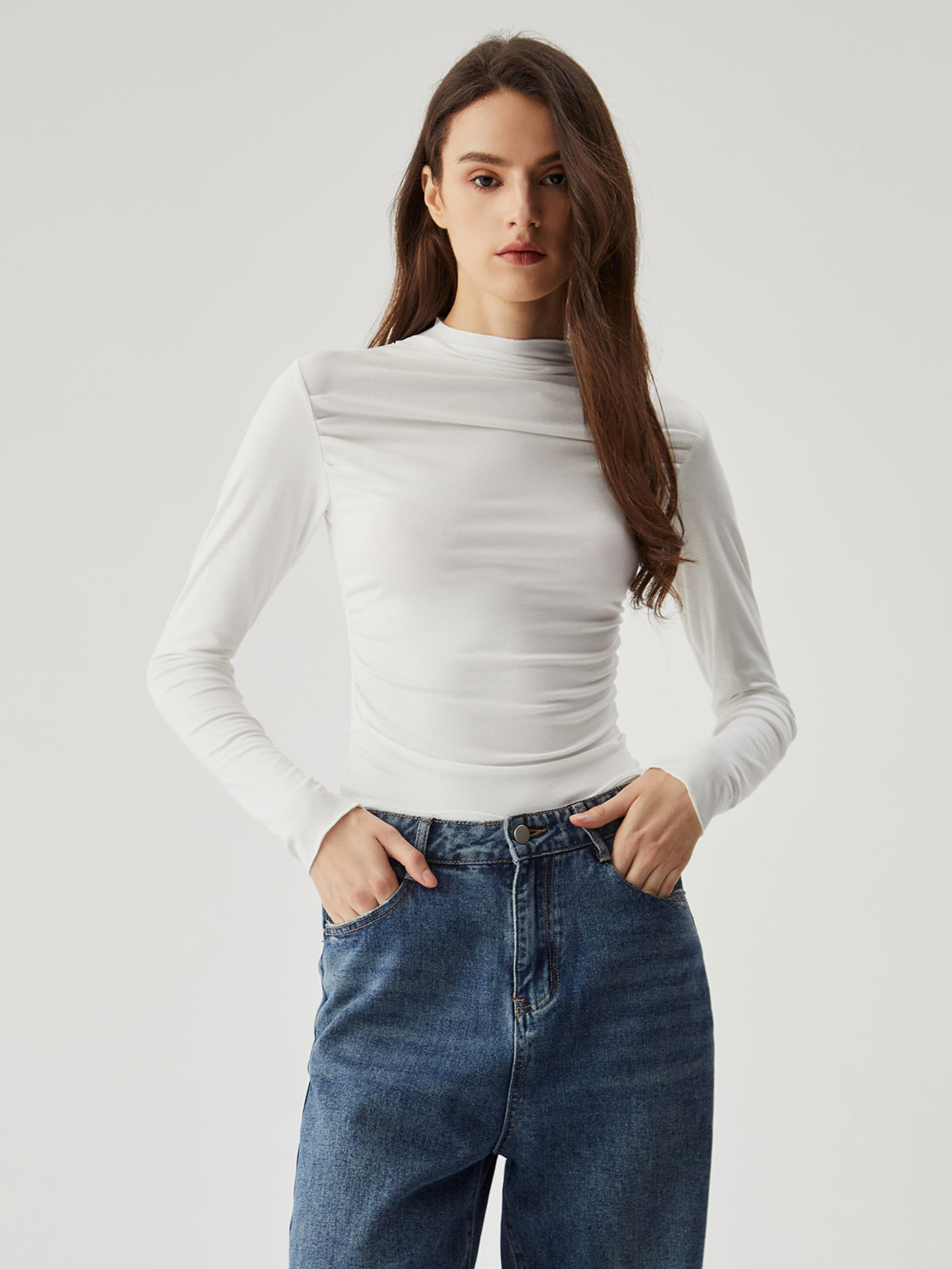 Semi-sheer Ruched Mock Neck Long Sleeve Crop Top