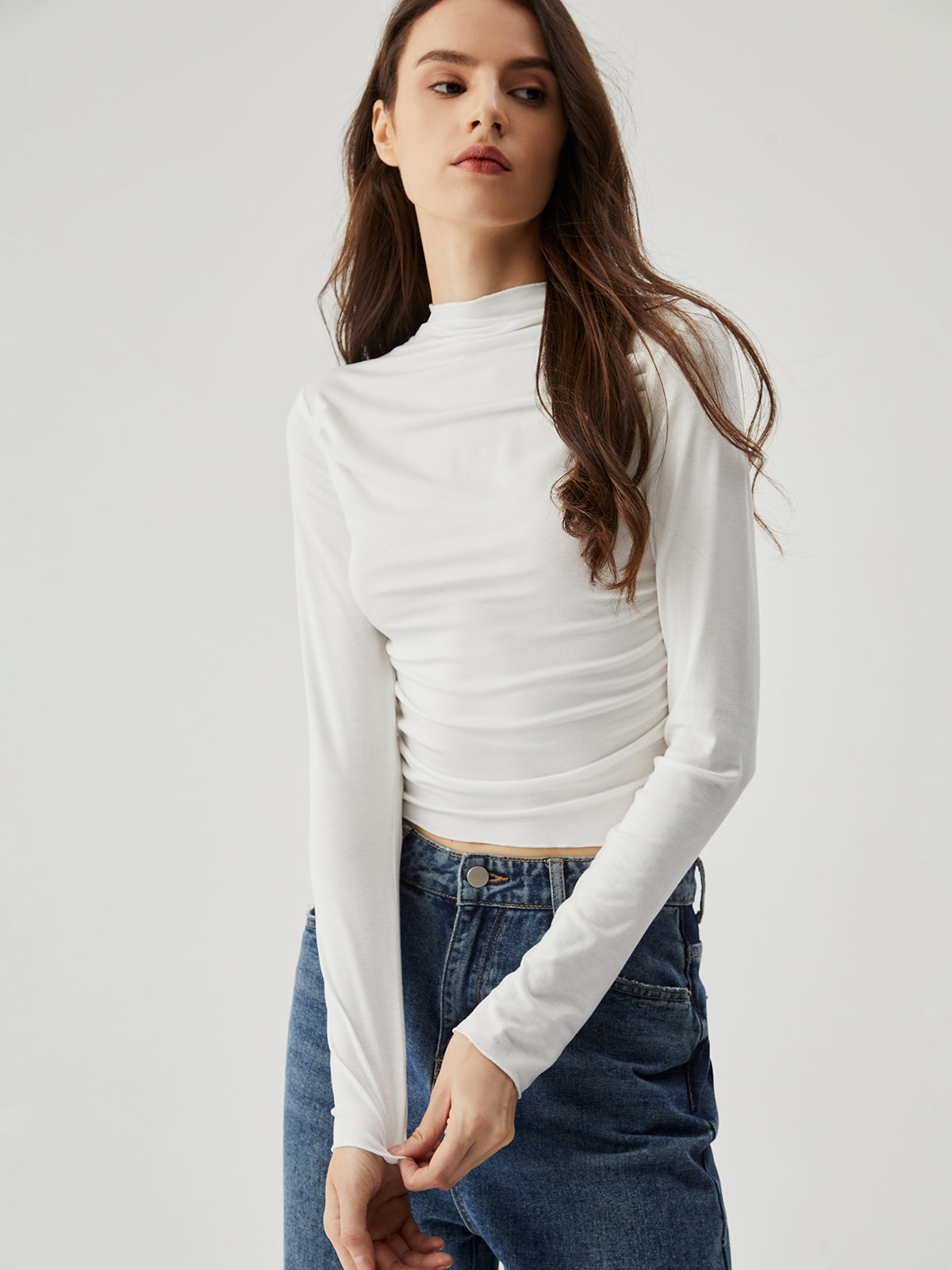 Semi-sheer Ruched Mock Neck Long Sleeve Crop Top