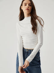 Semi-sheer Ruched Mock Neck Long Sleeve Crop Top