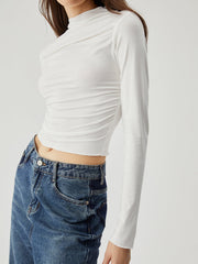 Semi-sheer Ruched Mock Neck Long Sleeve Crop Top