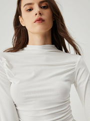 Semi-sheer Ruched Mock Neck Long Sleeve Crop Top