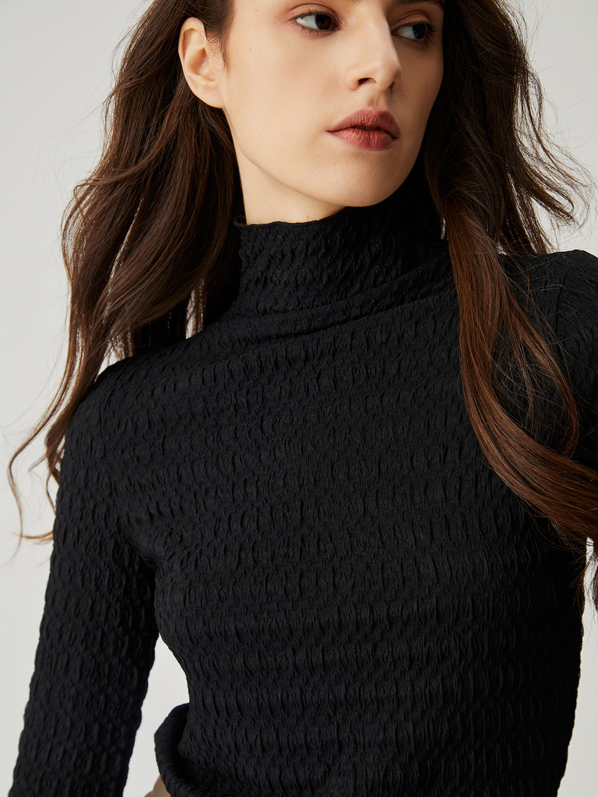 Ruffled Neck Solid Long Sleeve Top