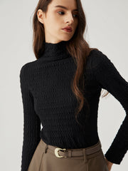 Ruffled Neck Solid Long Sleeve Top