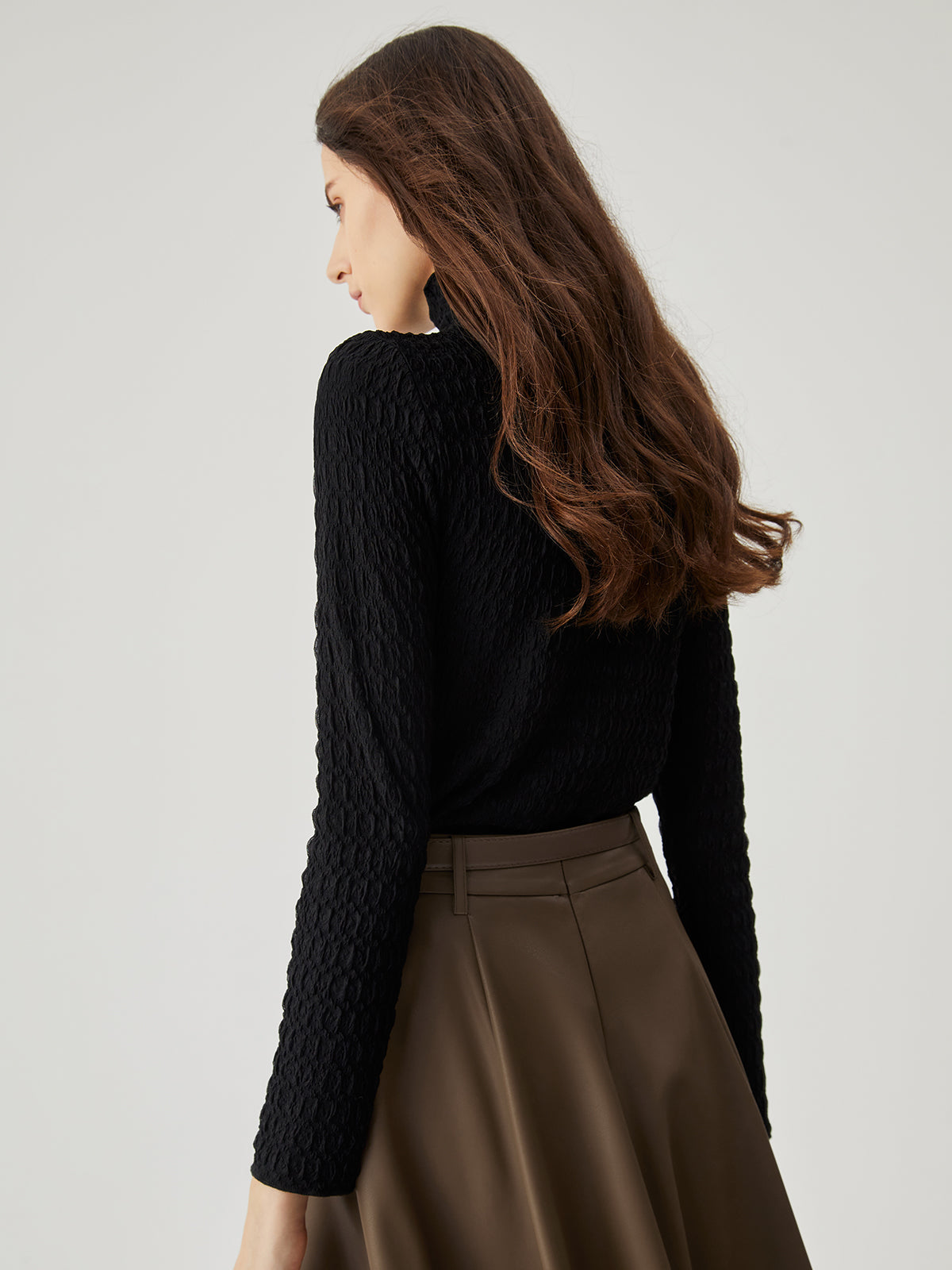 Ruffled Neck Solid Long Sleeve Top