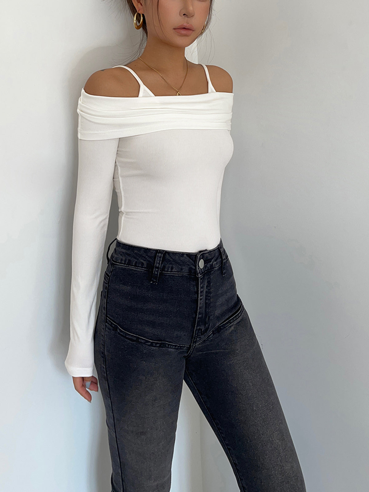 Overfold Cold Shoulder Long Sleeve Ribbed Knit Top