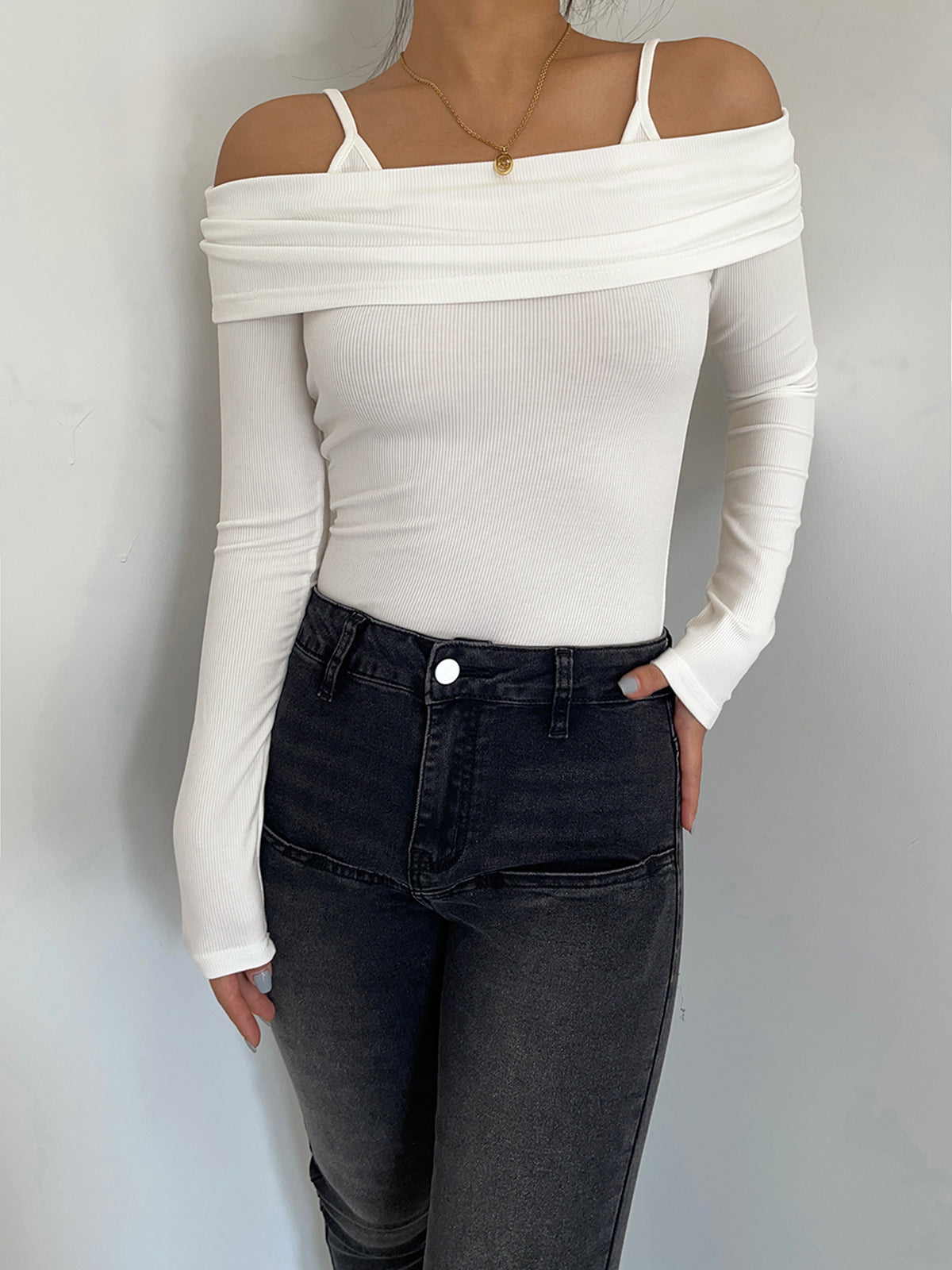 Overfold Cold Shoulder Long Sleeve Ribbed Knit Top