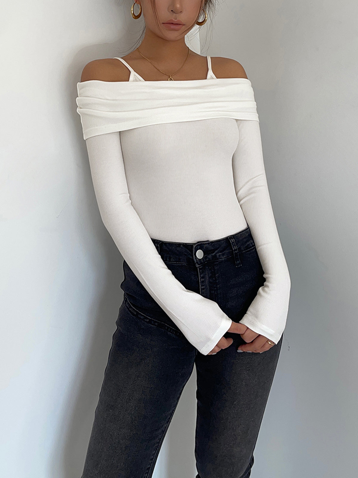 Overfold Cold Shoulder Long Sleeve Ribbed Knit Top