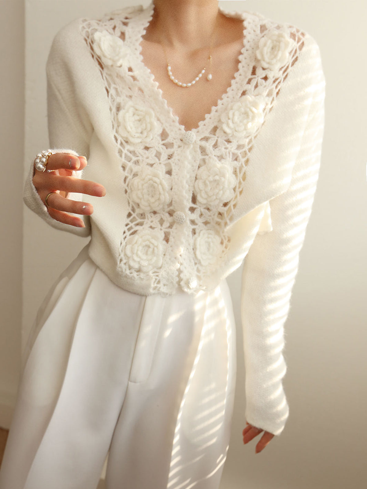 Knit Floral Crocheted Hollow V-neck Cardigan