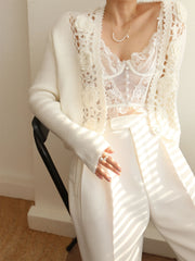 Knit Floral Crocheted Hollow V-neck Cardigan