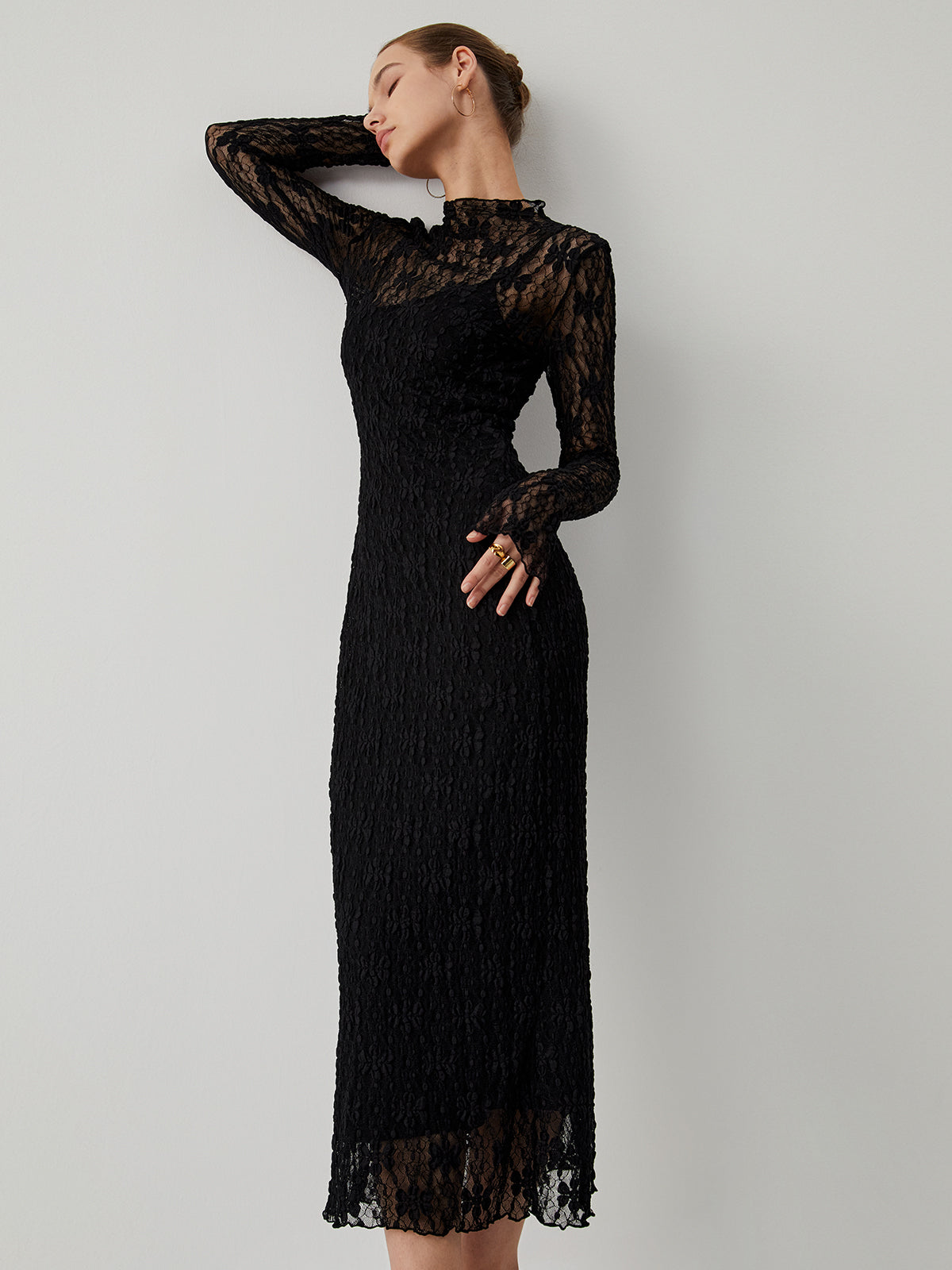 Lace Long Sleeve Mock Neck Maxi Dress