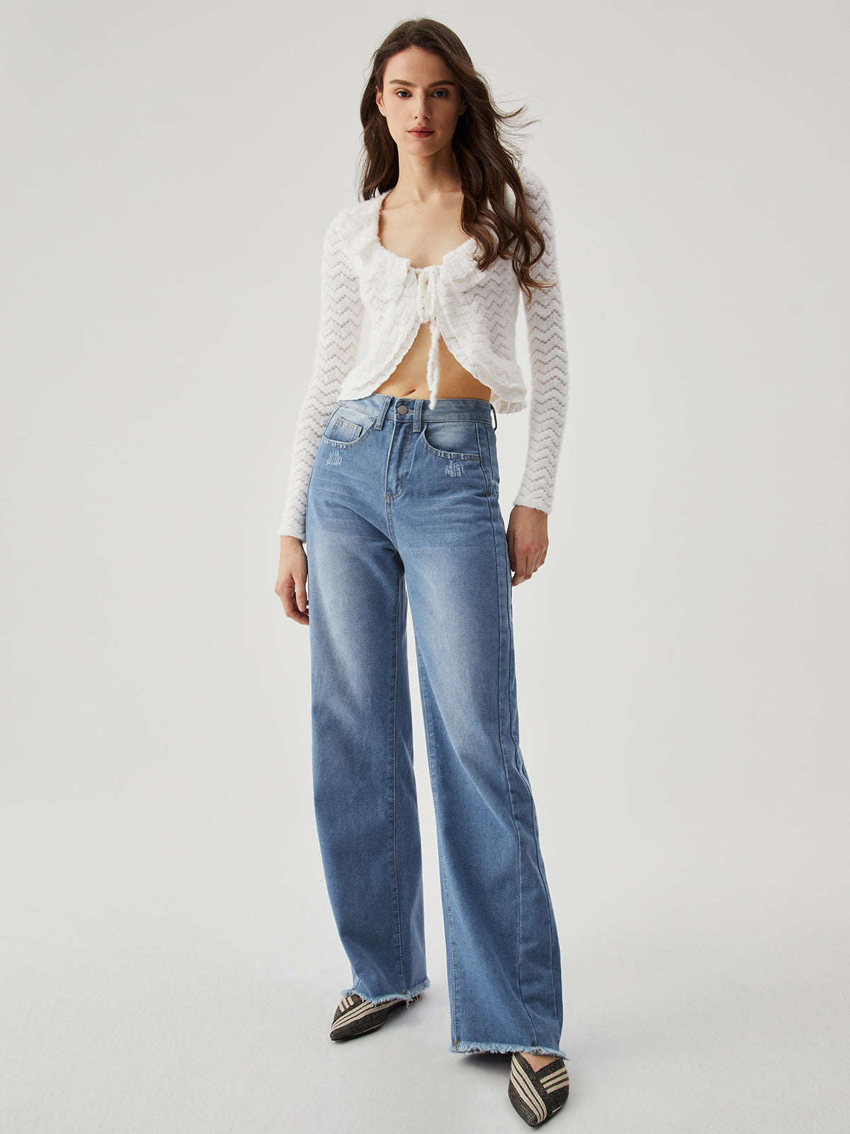 Semi-sheer Wavy Ruffled Trim Tied Crop Blouse