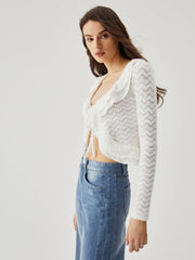 Semi-sheer Wavy Ruffled Trim Tied Crop Blouse