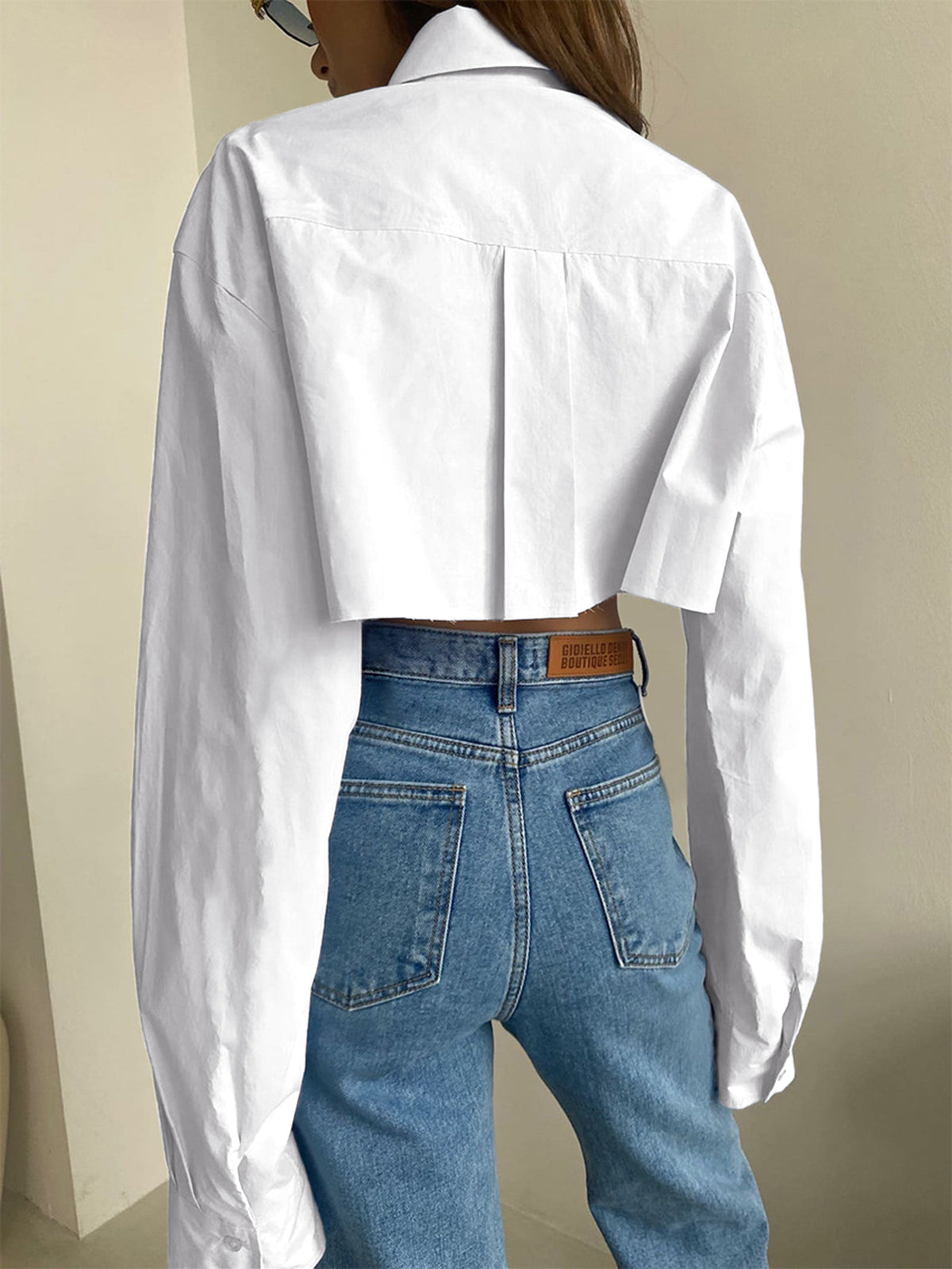 Asymmetrical Pocket Button Collar Crop Shirt