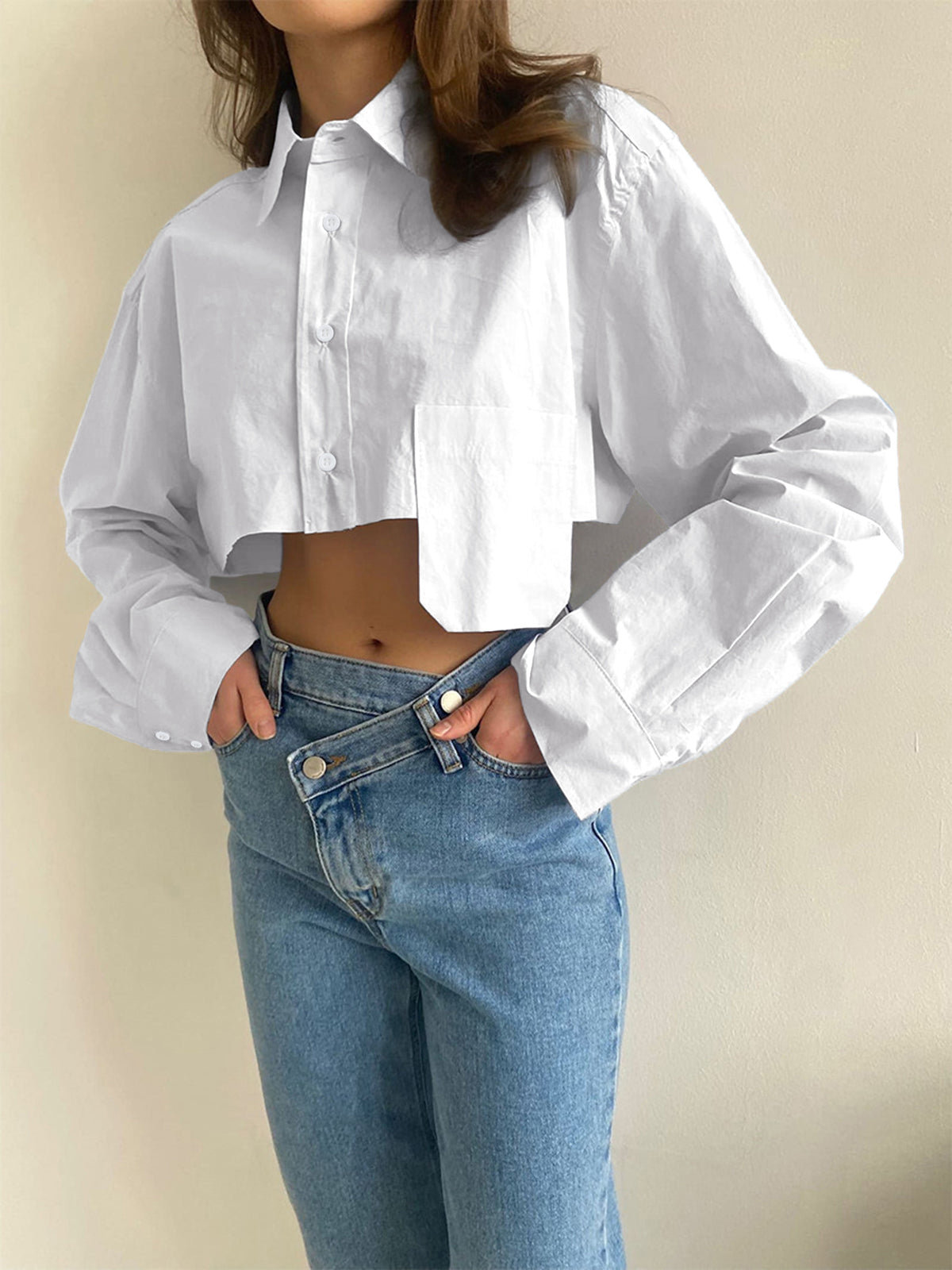 Asymmetrical Pocket Button Collar Crop Shirt