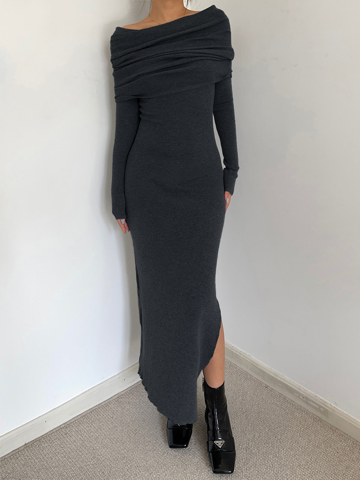 Knit Split Overfold Sweater Midi Dress