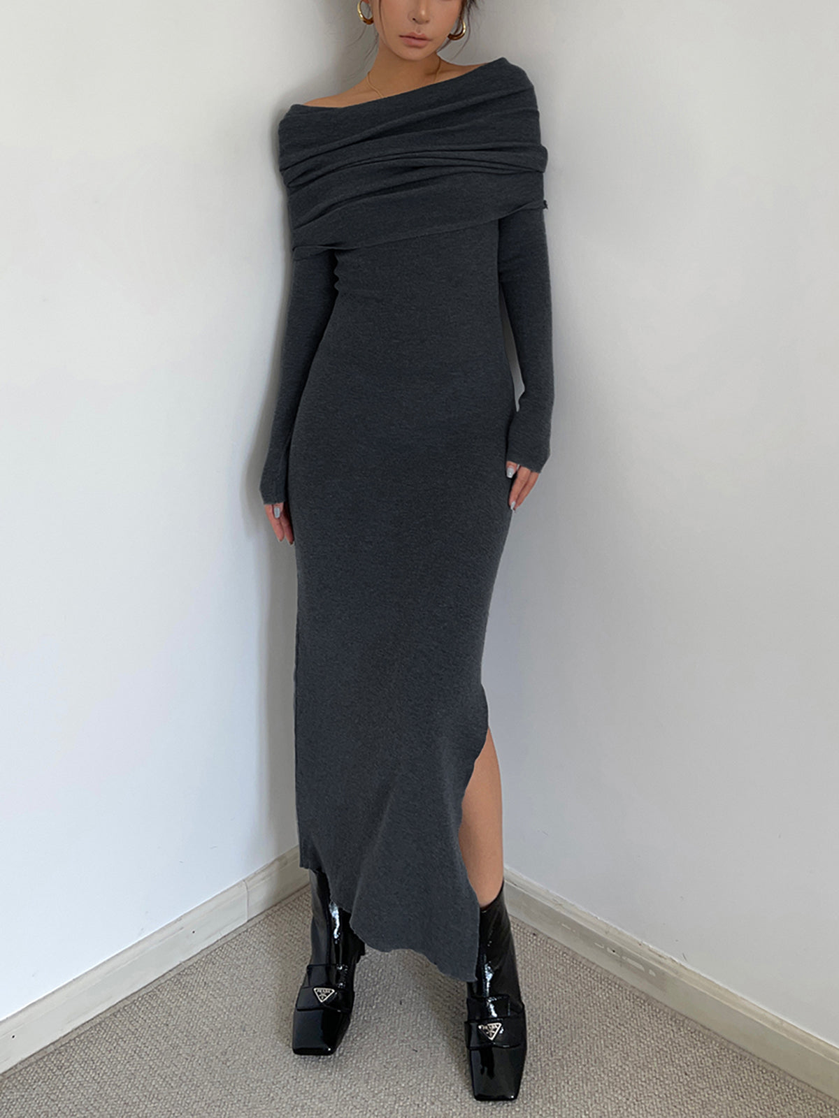 Knit Split Overfold Sweater Midi Dress