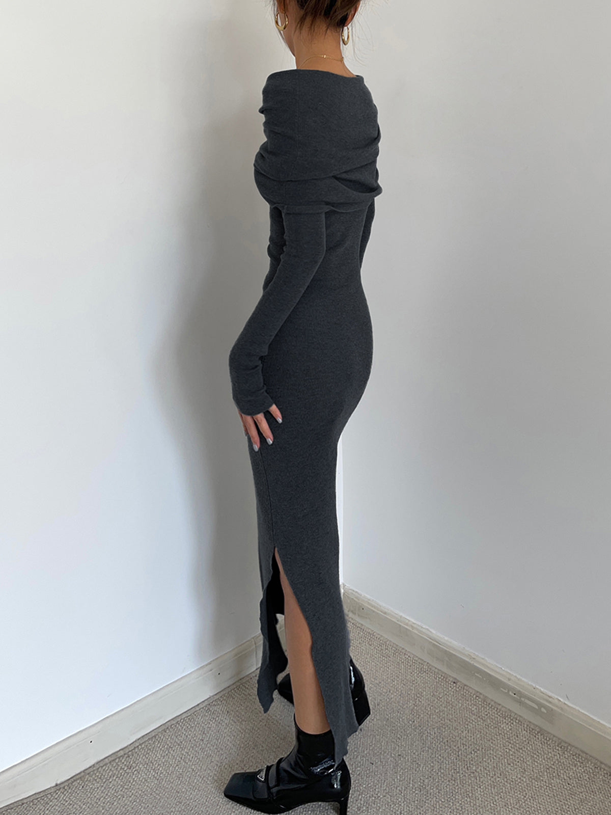 Knit Split Overfold Sweater Midi Dress