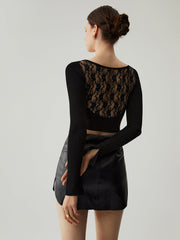 Patchwork Lace Back Ribbed Knit Long Sleeve Crop Top