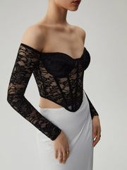 Semi-sheer Lace Off Shoulder Cup Detail Corset Cop Top