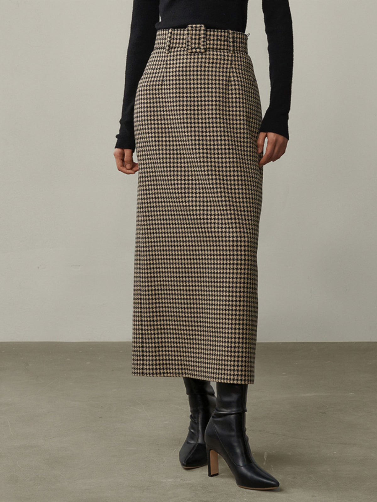 High Waist Houndstooth Midi Skirt