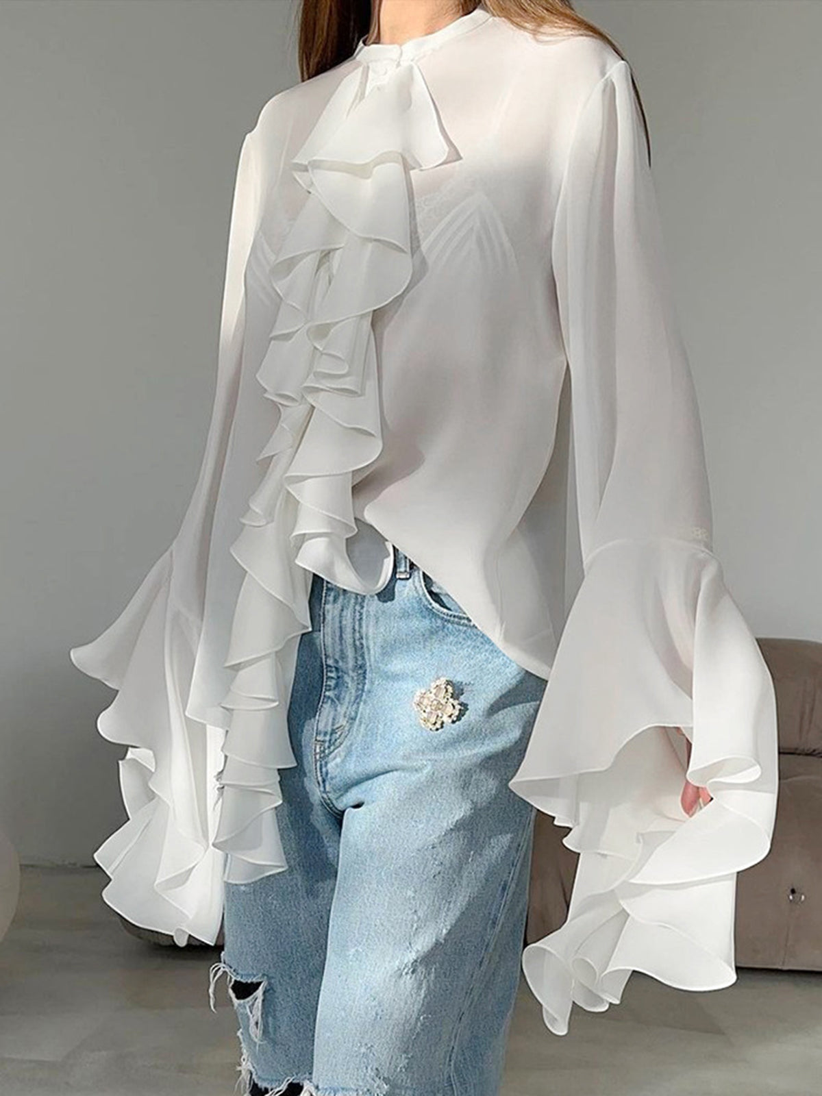 Semi-sheer Chiffon Ruffled Trim Blouse