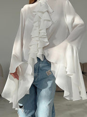 Semi-sheer Chiffon Ruffled Trim Blouse