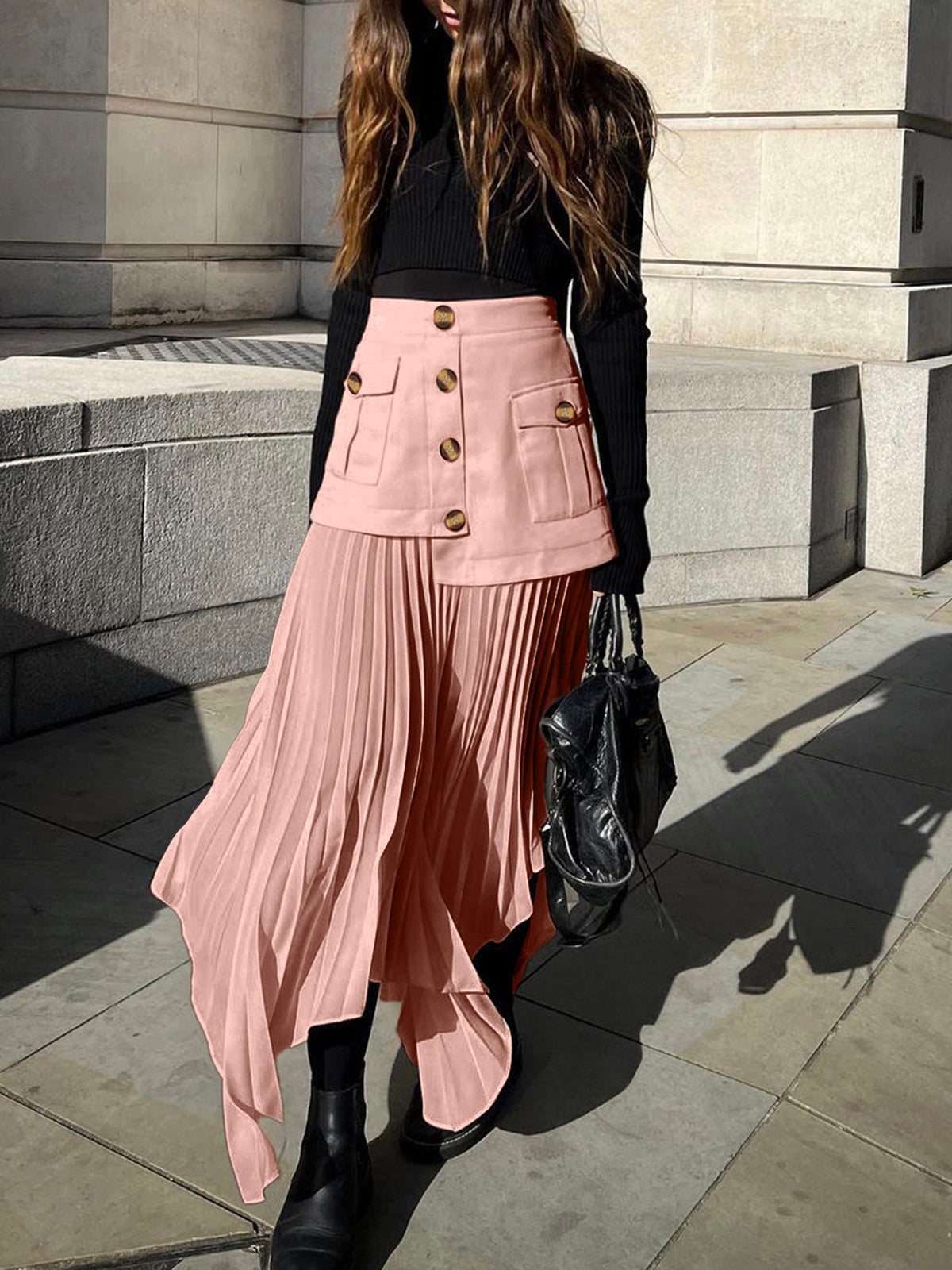 Patchwork Asymmetrical Pleated Buttoned Midi Skirt