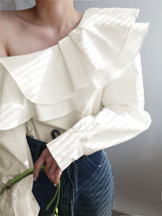 Ruffled Trim Asymmetric Off Shoulder Blouse