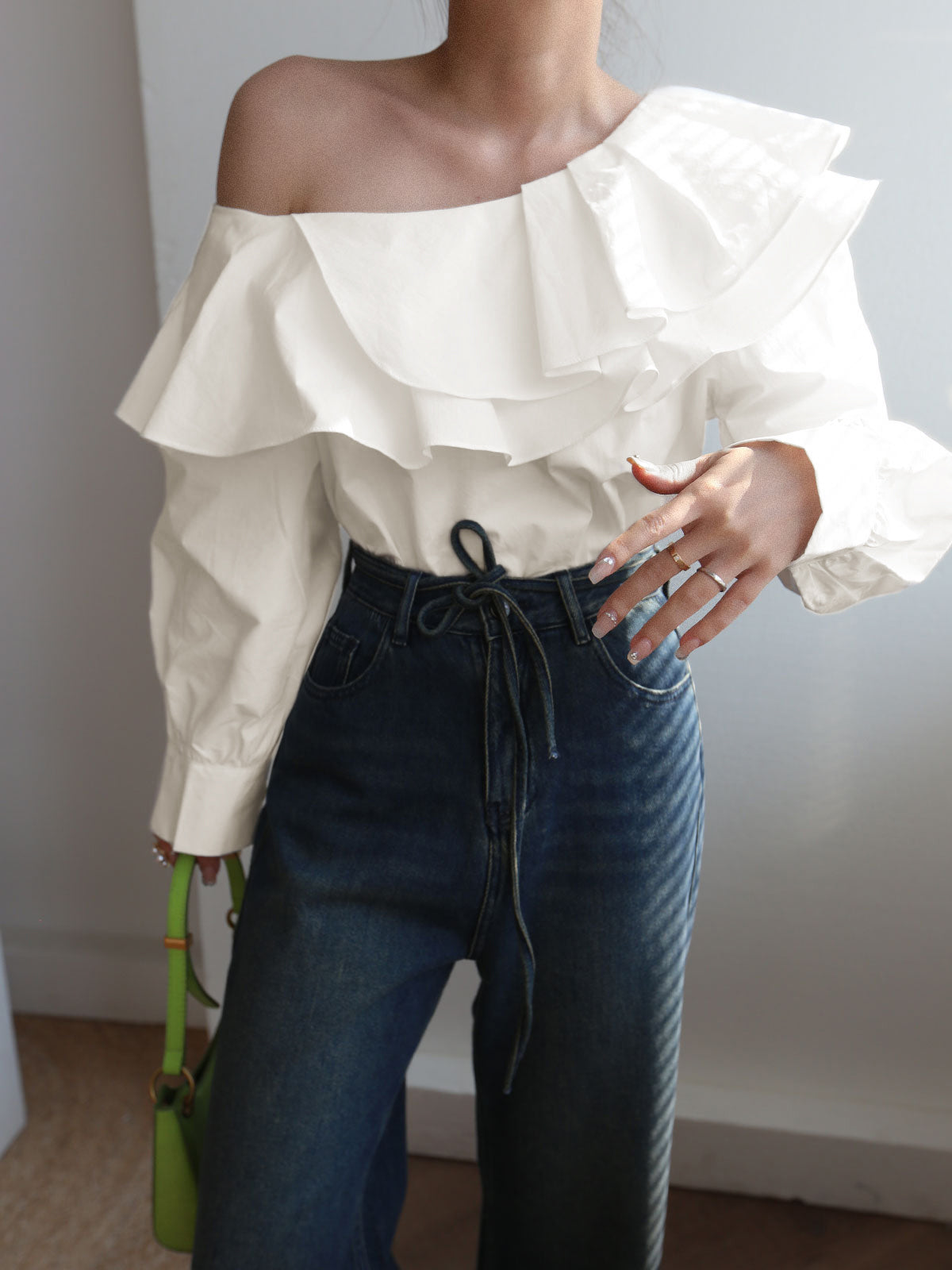 Ruffled Trim Asymmetric Off Shoulder Blouse