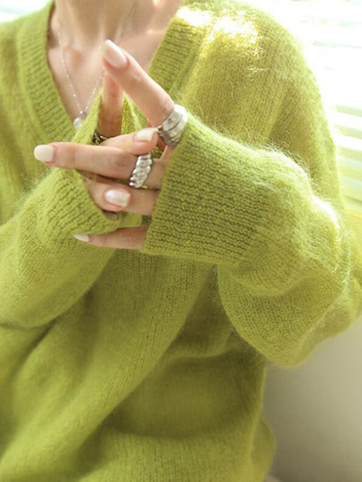 Lime Garden Furry V-Neck Sweater