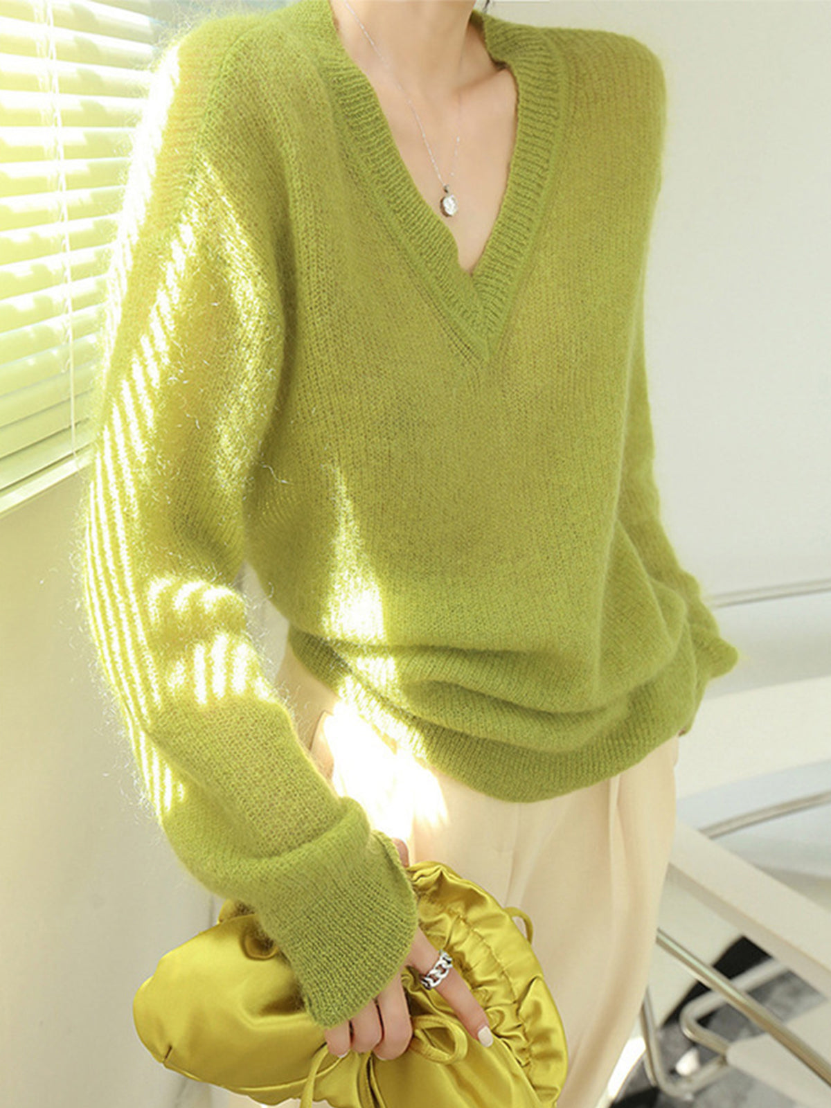 Lime Garden Furry V-Neck Sweater