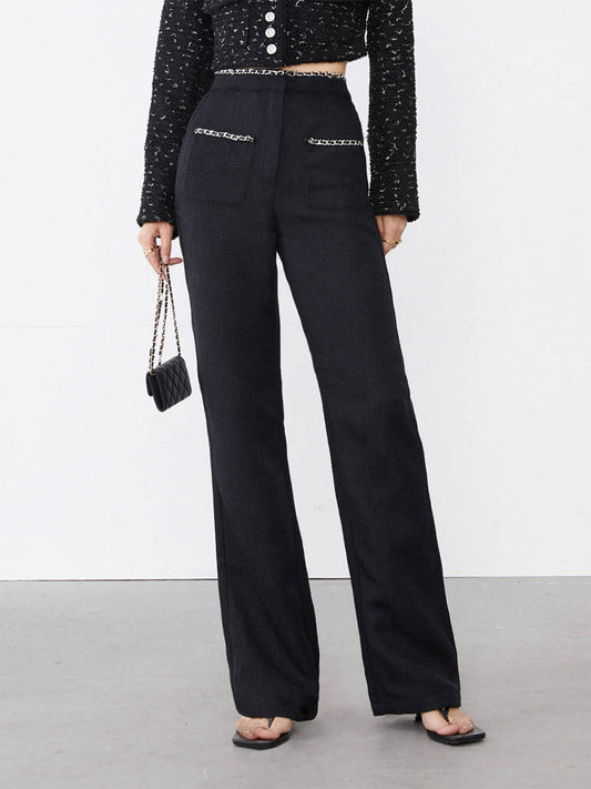 Tweed Contrast Trim Pocket Straight Leg Pants