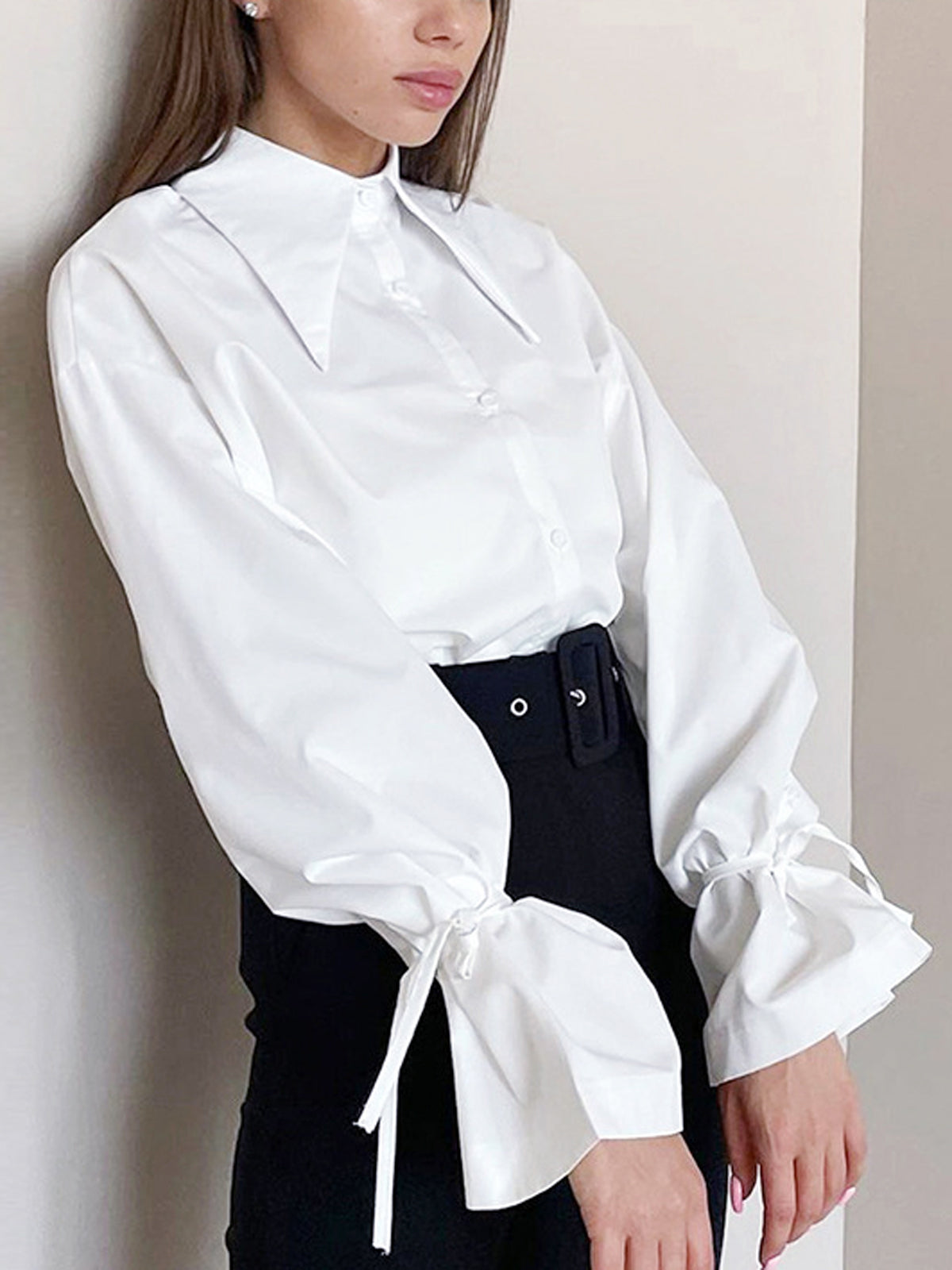 Solid Collar Tied Long Sleeve Button Down Shirt