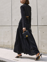 Patchwork Pleated Ruched Split Maxi Skirt