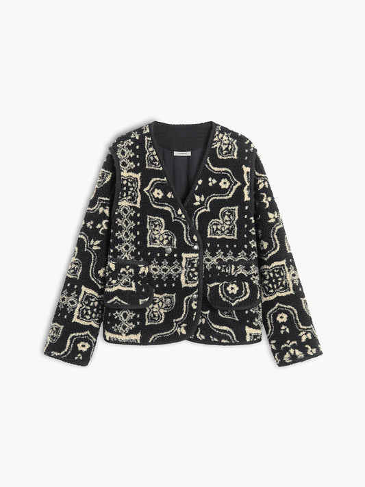 Paisley Print Button Sherpa Jacket