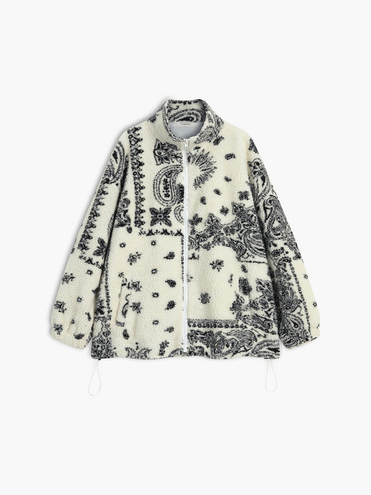 Paisley Zippered Stand Collar Sherpa Jacket