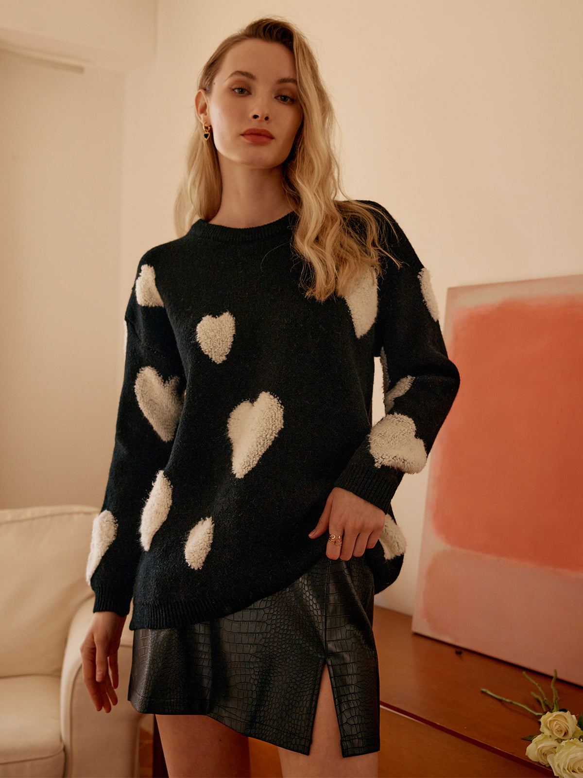 Knit Heart Pattern Crew Neck Sweater