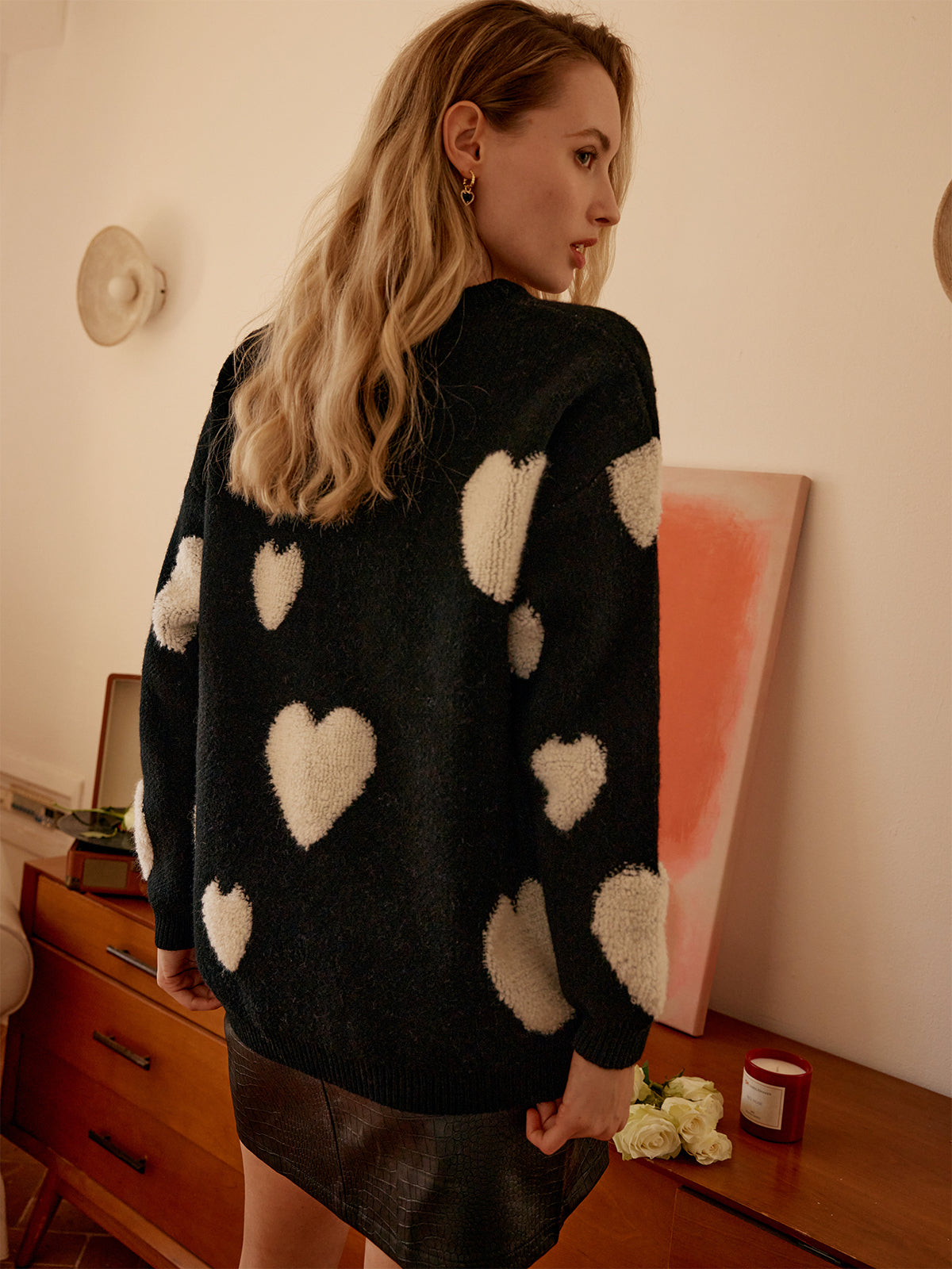 Knit Heart Pattern Crew Neck Sweater