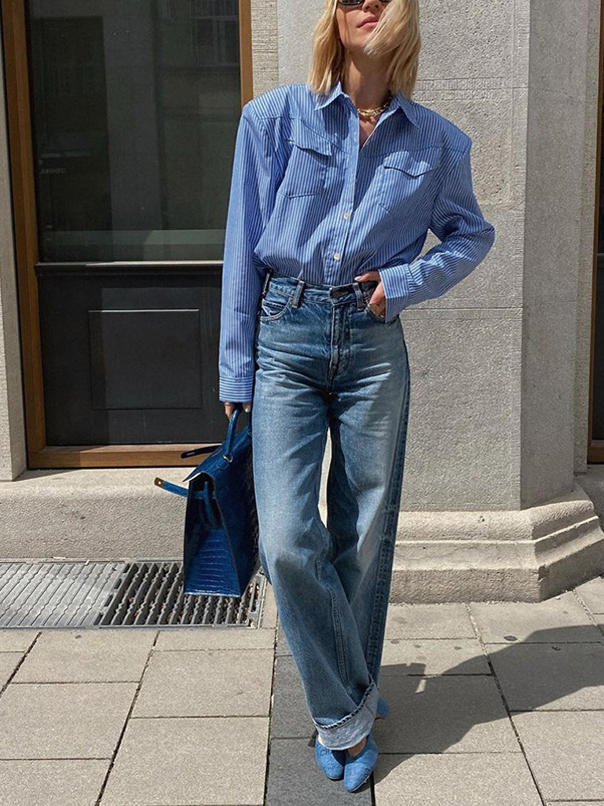 Pinstripe Pocket Collar Long Sleeve Shirt