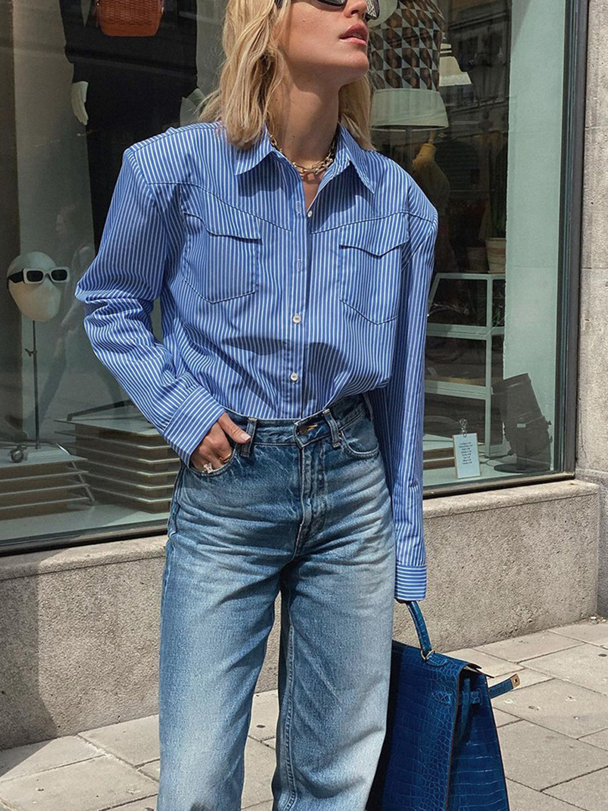 Pinstripe Pocket Collar Long Sleeve Shirt