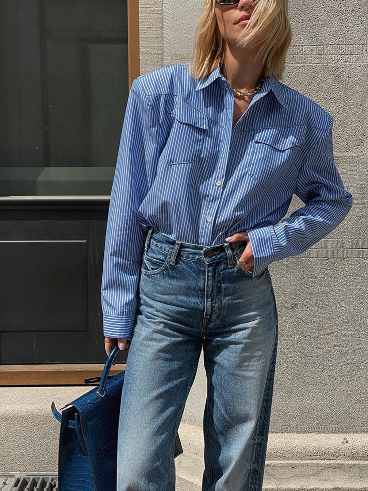 Pinstripe Pocket Collar Long Sleeve Shirt