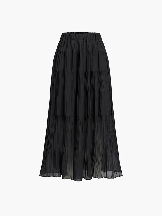 Solid Ruffle Pleated Maxi Skirt